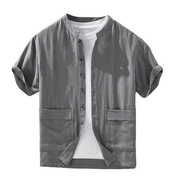 Buddha Stones Camicia da uomo estiva casual a maniche corte con colletto alla coreana, bottoni e tasche. - image 4