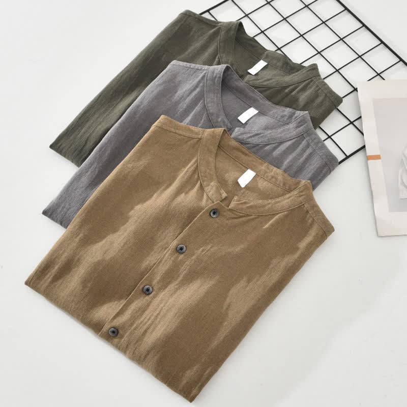 Buddha Stones Camicia da uomo estiva casual a maniche corte con colletto alla coreana, bottoni e tasche. - image 13