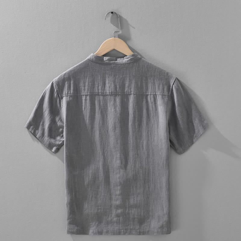 Buddha Stones Camicia da uomo estiva casual a maniche corte con colletto alla coreana, bottoni e tasche. - image 3