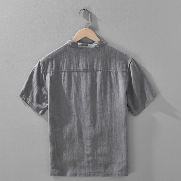 Buddha Stones Camicia da uomo estiva casual a maniche corte con colletto alla coreana, bottoni e tasche. - image 3