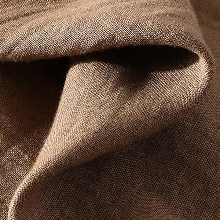 Buddha Stones Camicia da uomo estiva casual a maniche corte in lino tinta unita con colletto alla coreana e taschino applicato, stile Tang. - image 7
