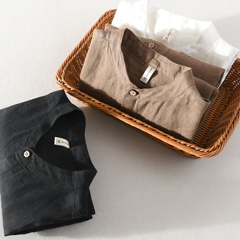 Buddha Stones Camicia da uomo estiva casual a maniche corte in lino tinta unita con colletto alla coreana e taschino applicato, stile Tang. - image 22