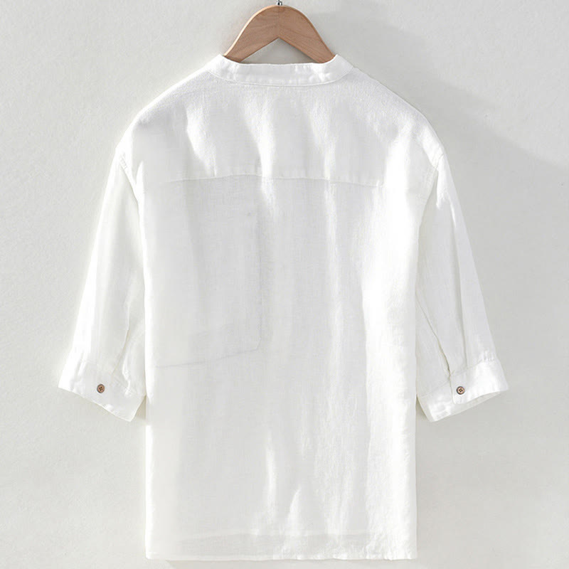 Buddha Stones Camicia da uomo estiva casual a maniche corte in lino tinta unita con colletto alla coreana e taschino applicato, stile Tang. - image 14