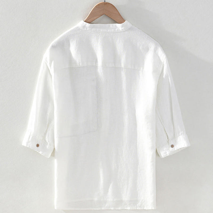 Buddha Stones Camicia da uomo estiva casual a maniche corte in lino tinta unita con colletto alla coreana e taschino applicato, stile Tang. - image 14