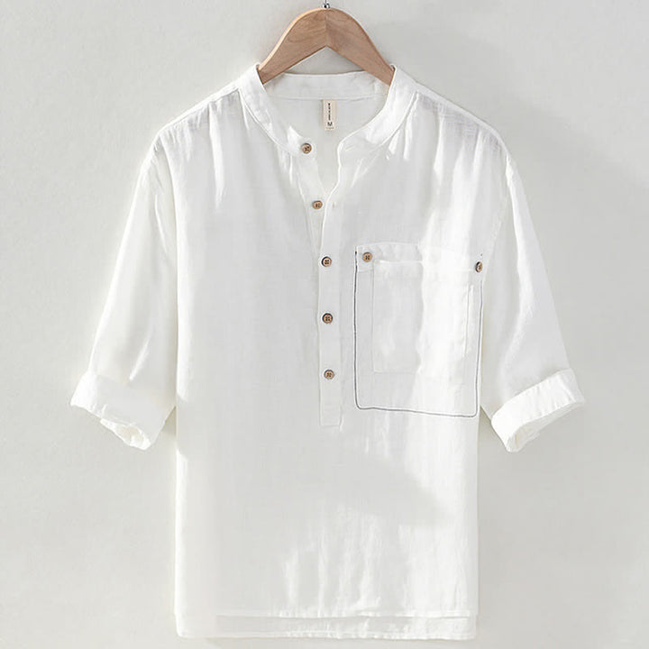 Buddha Stones Camicia da uomo estiva casual a maniche corte in lino tinta unita con colletto alla coreana e taschino applicato, stile Tang. - Bianco - US/UK/AU42, EU52 (3XL) - image 13