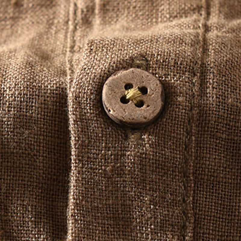 Buddha Stones Camicia da uomo estiva casual a maniche corte in lino tinta unita con colletto alla coreana e taschino applicato, stile Tang. - image 4