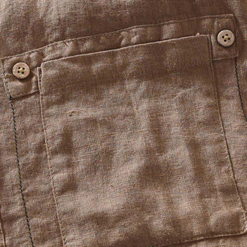 Buddha Stones Camicia da uomo estiva casual a maniche corte in lino tinta unita con colletto alla coreana e taschino applicato, stile Tang. - image 3