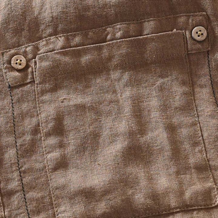 Buddha Stones Camicia da uomo estiva casual a maniche corte in lino tinta unita con colletto alla coreana e taschino applicato, stile Tang. - image 3
