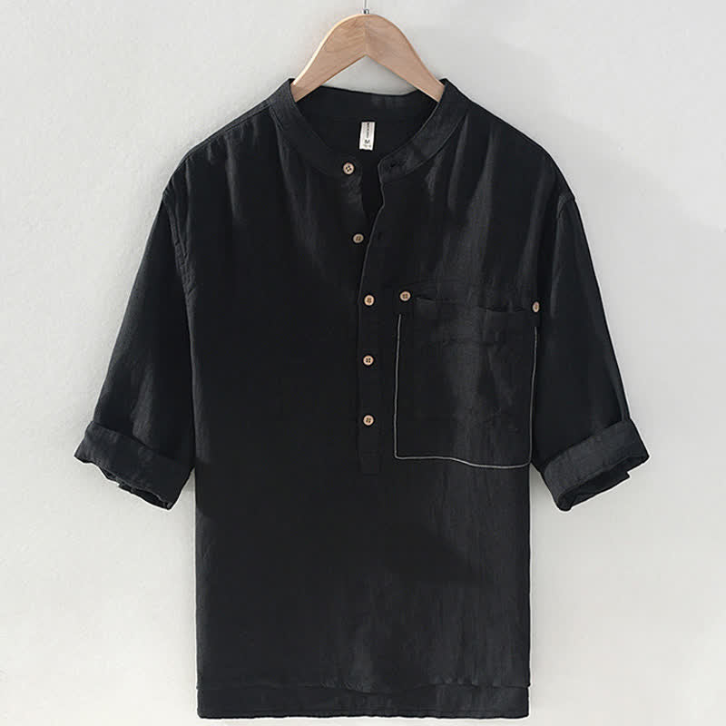 Buddha Stones Camicia da uomo estiva casual a maniche corte in lino tinta unita con colletto alla coreana e taschino applicato, stile Tang. - Nero - US/UK/AU42, EU52 (3XL) - image 8
