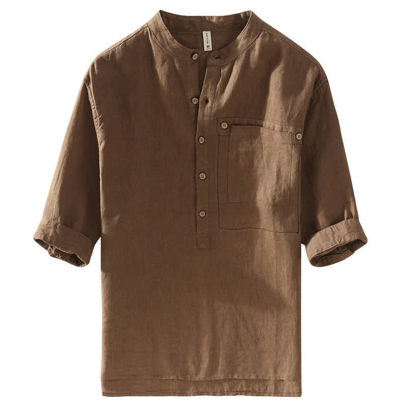 Buddha Stones Camicia da uomo estiva casual a maniche corte in lino tinta unita con colletto alla coreana e taschino applicato, stile Tang. - image 1