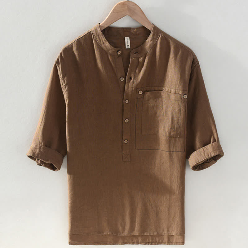 Buddha Stones Camicia da uomo estiva casual a maniche corte in lino tinta unita con colletto alla coreana e taschino applicato, stile Tang. - Siena - US/UK/AU42, EU52 (3XL) - image 0