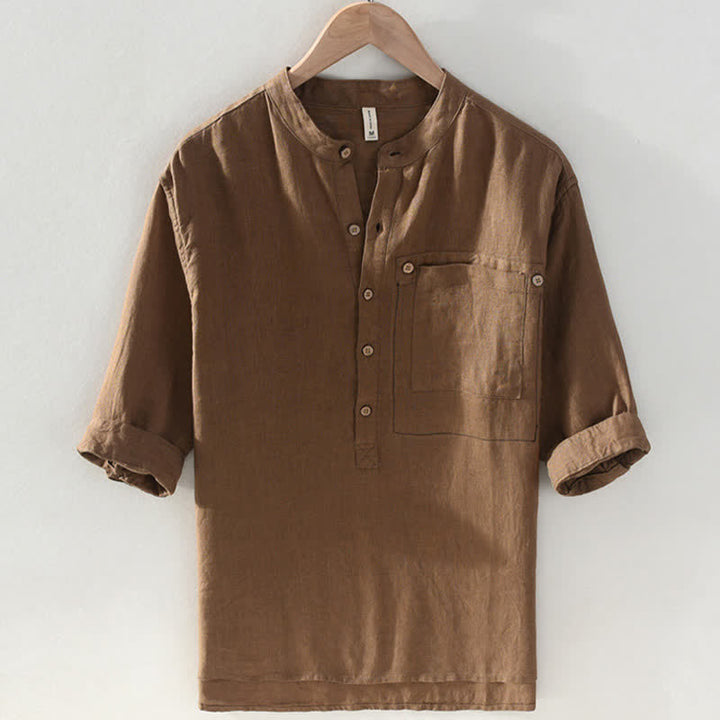 Buddha Stones Camicia da uomo estiva casual a maniche corte in lino tinta unita con colletto alla coreana e taschino applicato, stile Tang. - Siena - US/UK/AU42, EU52 (3XL) - image 0