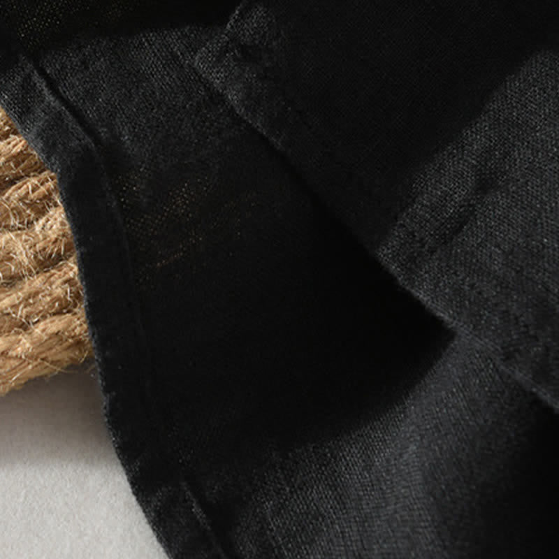 Buddha Stones Camicia da uomo estiva casual a maniche corte in lino tinta unita con colletto alla coreana e taschino applicato, stile Tang. - image 11
