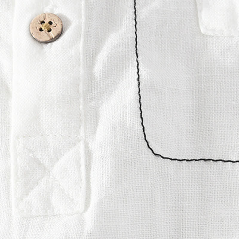 Buddha Stones Camicia da uomo estiva casual a maniche corte in lino tinta unita con colletto alla coreana e taschino applicato, stile Tang. - image 17