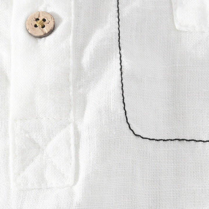 Buddha Stones Camicia da uomo estiva casual a maniche corte in lino tinta unita con colletto alla coreana e taschino applicato, stile Tang. - image 17