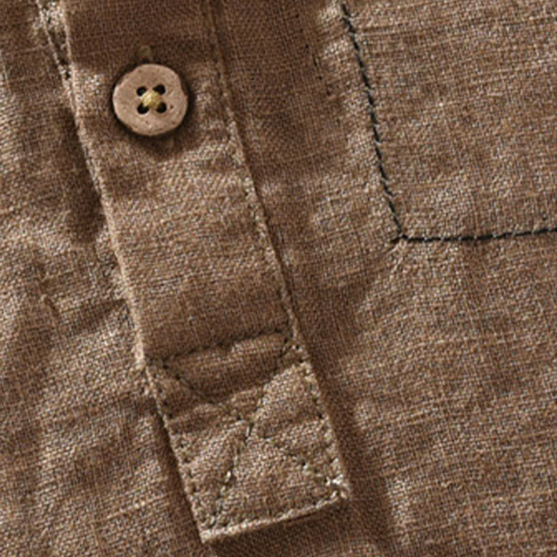 Buddha Stones Camicia da uomo estiva casual a maniche corte in lino tinta unita con colletto alla coreana e taschino applicato, stile Tang. - image 5