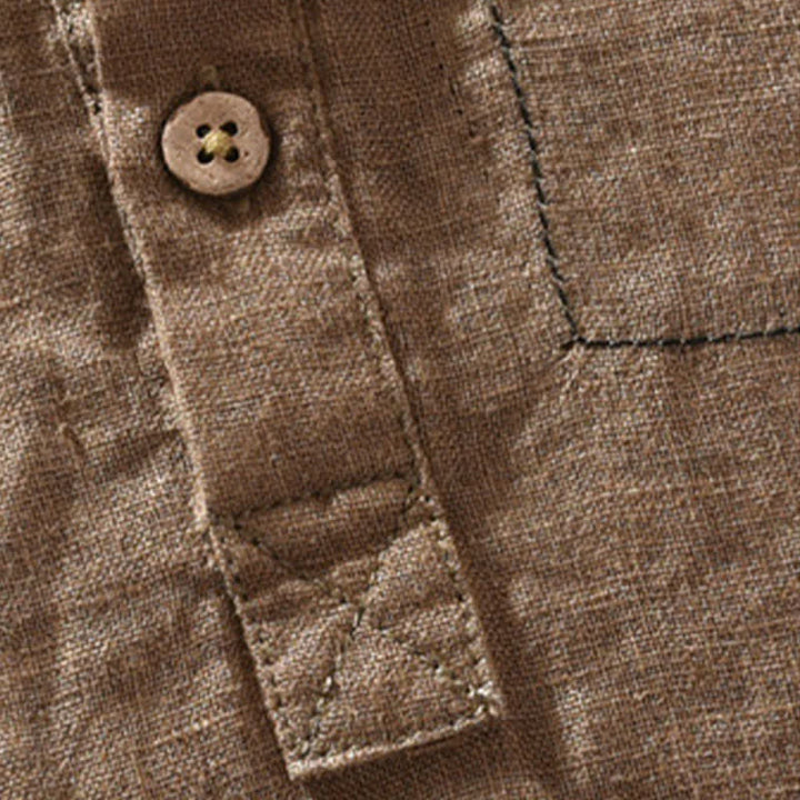 Buddha Stones Camicia da uomo estiva casual a maniche corte in lino tinta unita con colletto alla coreana e taschino applicato, stile Tang. - image 5