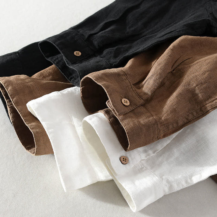 Buddha Stones Camicia da uomo estiva casual a maniche corte in lino tinta unita con colletto alla coreana e taschino applicato, stile Tang. - image 24