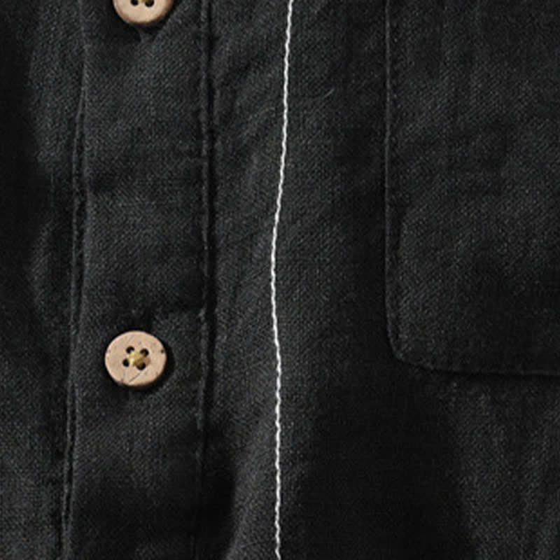 Buddha Stones Camicia da uomo estiva casual a maniche corte in lino tinta unita con colletto alla coreana e taschino applicato, stile Tang. - image 12