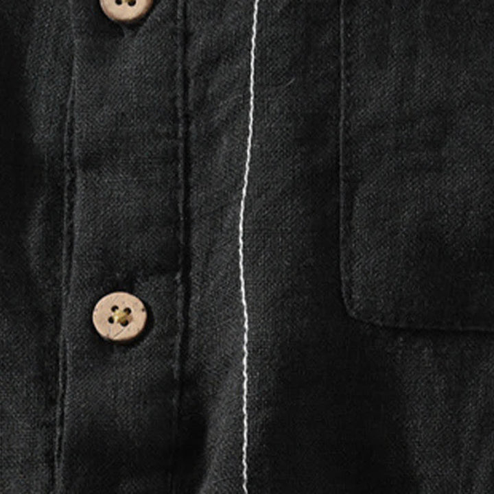 Buddha Stones Camicia da uomo estiva casual a maniche corte in lino tinta unita con colletto alla coreana e taschino applicato, stile Tang. - image 12