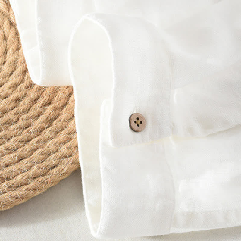 Buddha Stones Camicia da uomo estiva casual a maniche corte in lino tinta unita con colletto alla coreana e taschino applicato, stile Tang. - image 18