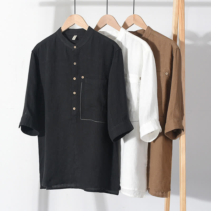 Buddha Stones Camicia da uomo estiva casual a maniche corte in lino tinta unita con colletto alla coreana e taschino applicato, stile Tang. - image 21