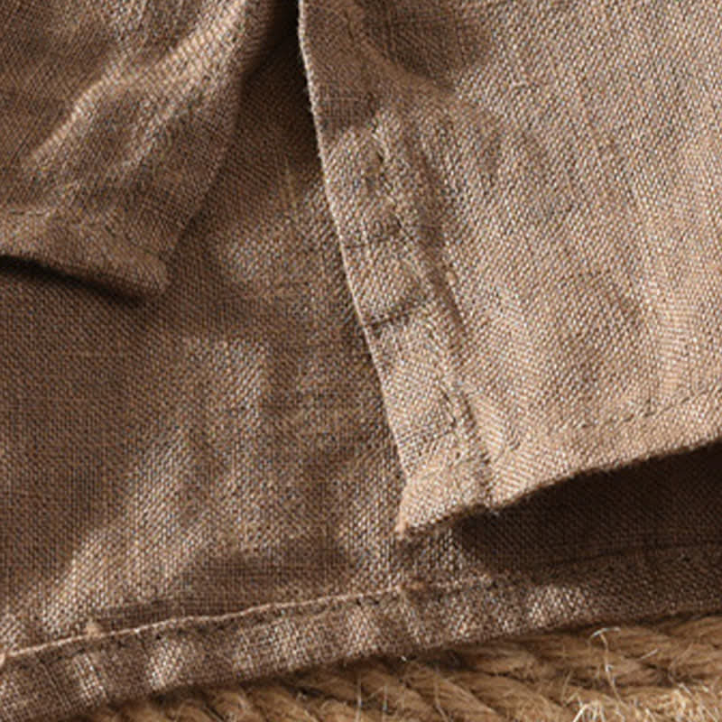 Buddha Stones Camicia da uomo estiva casual a maniche corte in lino tinta unita con colletto alla coreana e taschino applicato, stile Tang. - image 6