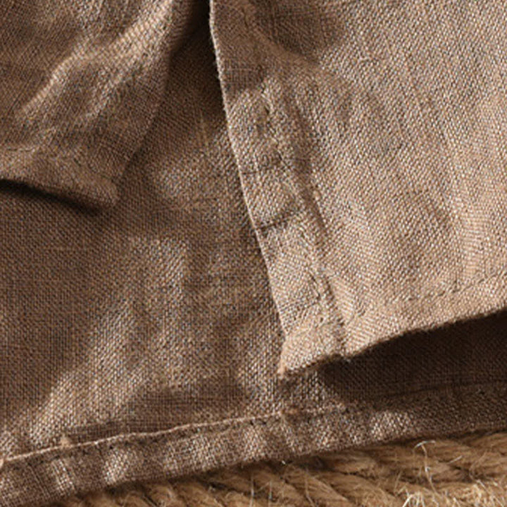 Buddha Stones Camicia da uomo estiva casual a maniche corte in lino tinta unita con colletto alla coreana e taschino applicato, stile Tang. - image 6