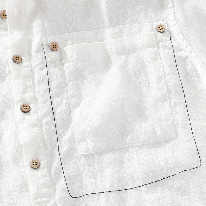 Buddha Stones Camicia da uomo estiva casual a maniche corte in lino tinta unita con colletto alla coreana e taschino applicato, stile Tang. - image 16