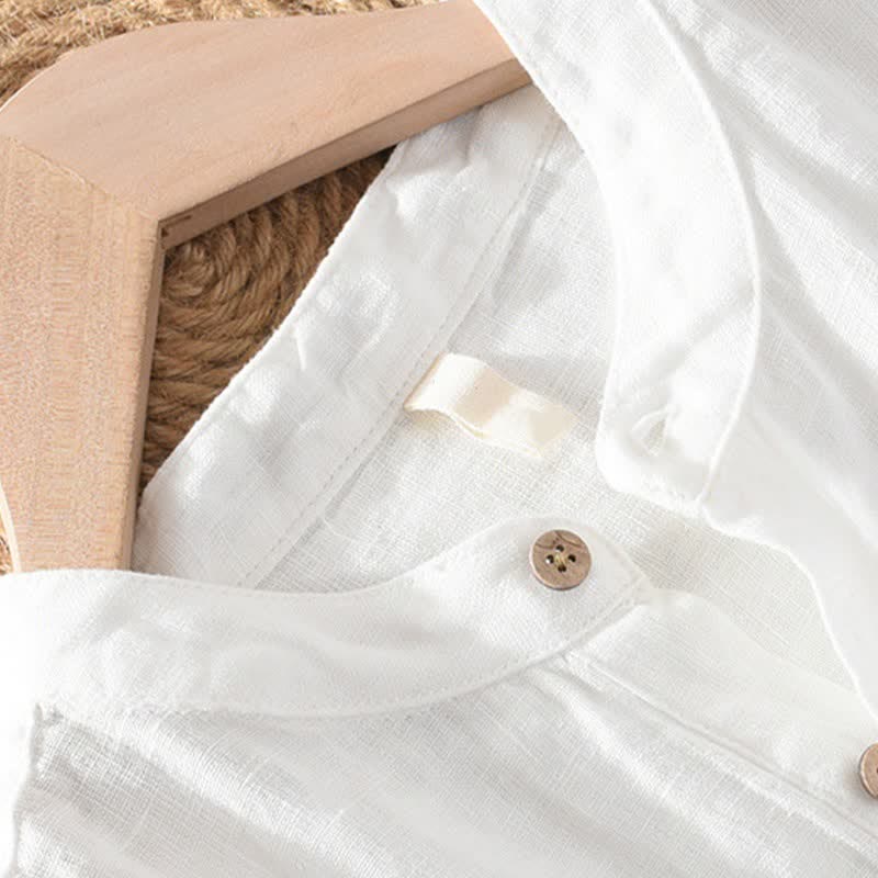 Buddha Stones Camicia da uomo estiva casual a maniche corte in lino tinta unita con colletto alla coreana e taschino applicato, stile Tang. - image 15