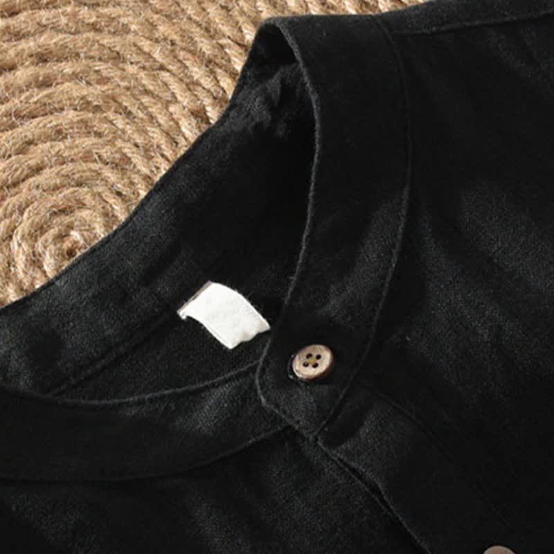 Buddha Stones Camicia da uomo estiva casual a maniche corte in lino tinta unita con colletto alla coreana e taschino applicato, stile Tang. - image 9