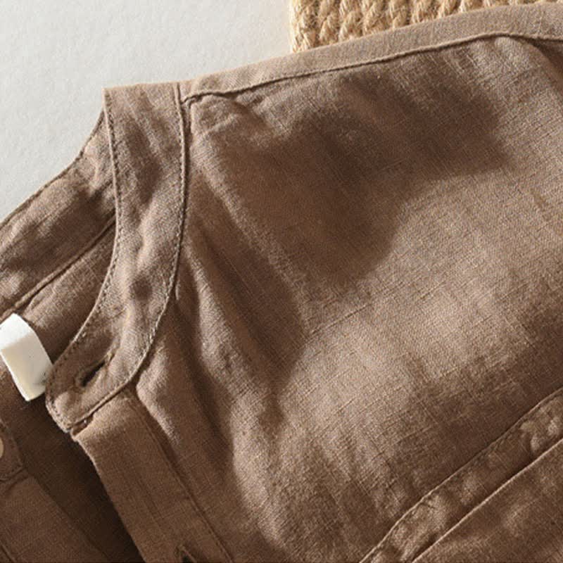Buddha Stones Camicia da uomo estiva casual a maniche corte in lino tinta unita con colletto alla coreana e taschino applicato, stile Tang. - image 2