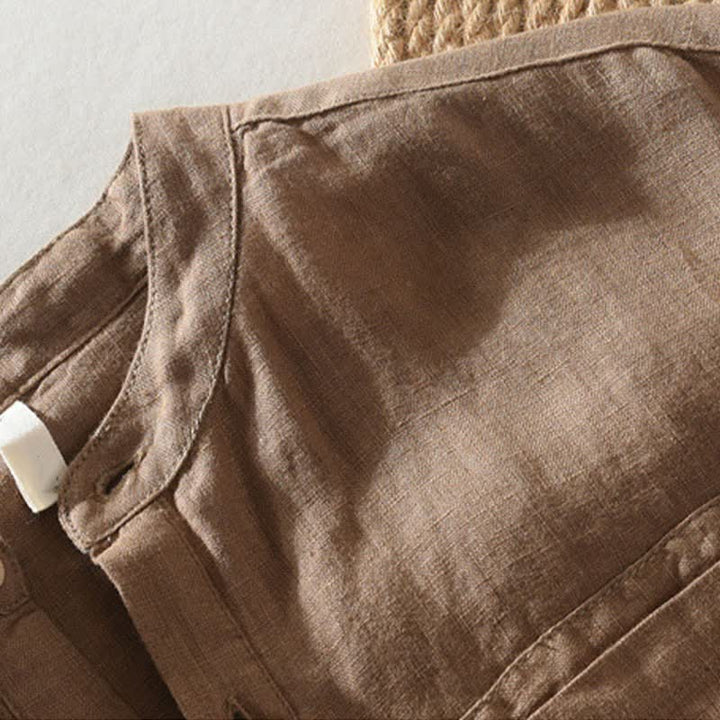 Buddha Stones Camicia da uomo estiva casual a maniche corte in lino tinta unita con colletto alla coreana e taschino applicato, stile Tang. - image 2