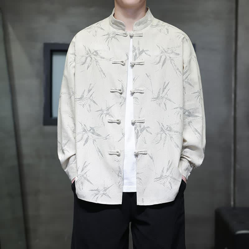 Buddha Stones Camicia da uomo a maniche lunghe in cotone e lino, stile vintage Tang, con colletto alla coreana e stampa a foglie di bambù. - Bianco - US/UK/AU46, EU56 (5XL) - image 0