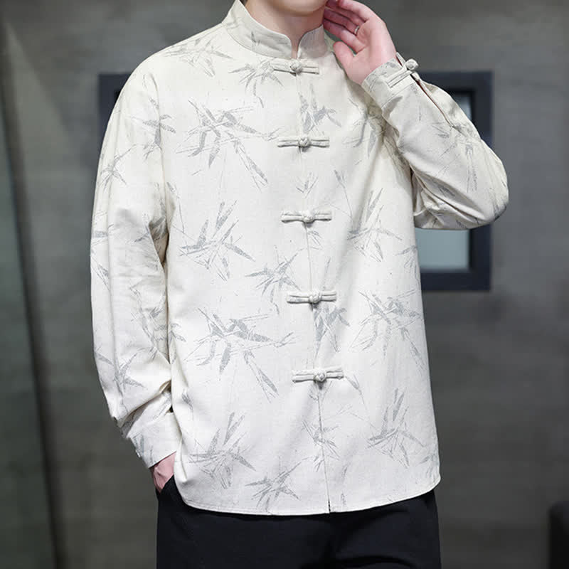 Buddha Stones Camicia da uomo a maniche lunghe in cotone e lino, stile vintage Tang, con colletto alla coreana e stampa a foglie di bambù. - image 1