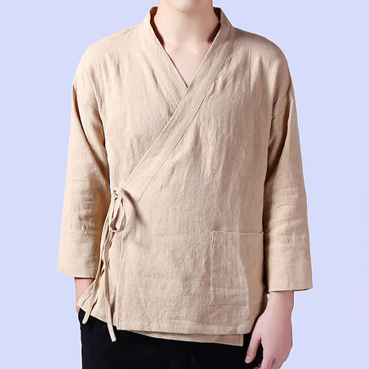 Buddha Stones Kimono da uomo in ramia tinta unita, stile Tang, con coulisse e tasca, per la primavera, casual. - image 2