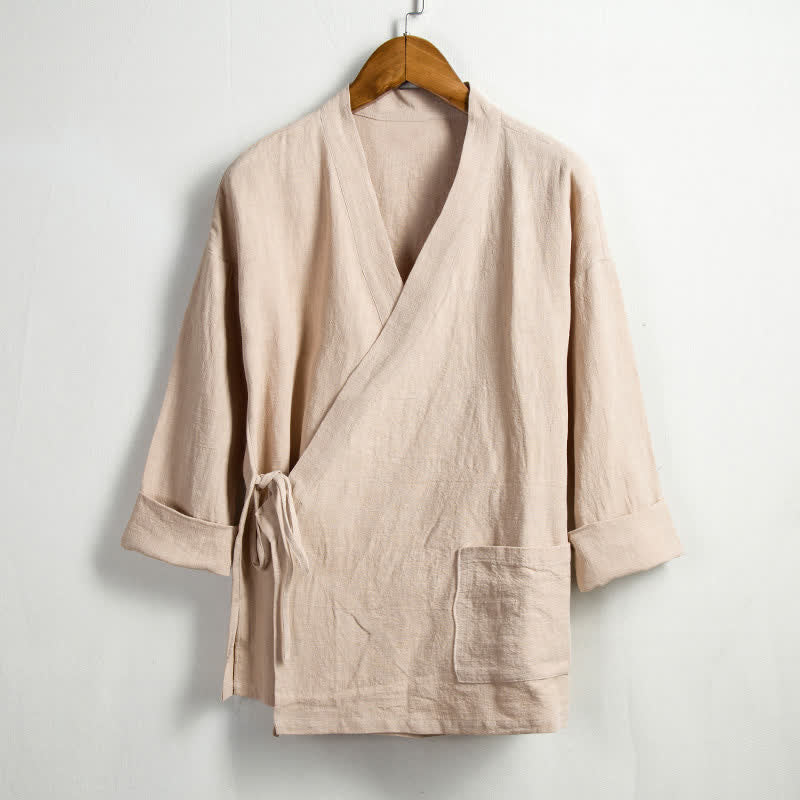 Buddha Stones Kimono da uomo in ramia tinta unita, stile Tang, con coulisse e tasca, per la primavera, casual. - Grano - US/UK/AU44, EU54 (4XL) - image 0