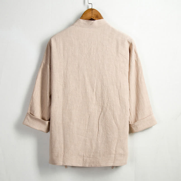 Buddha Stones Kimono da uomo in ramia tinta unita, stile Tang, con coulisse e tasca, per la primavera, casual. - image 1