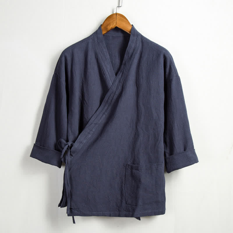 Buddha Stones Kimono da uomo in ramia tinta unita, stile Tang, con coulisse e tasca, per la primavera, casual. - Grigio ardesia - US/UK/AU44, EU54 (4XL) - image 14