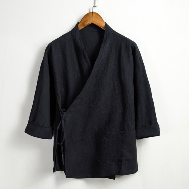 Buddha Stones Kimono da uomo in ramia tinta unita, stile Tang, con coulisse e tasca, per la primavera, casual. - Nero - US/UK/AU44, EU54 (4XL) - image 10