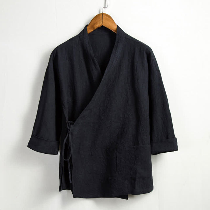 Buddha Stones Kimono da uomo in ramia tinta unita, stile Tang, con coulisse e tasca, per la primavera, casual. - Nero - US/UK/AU44, EU54 (4XL) - image 10