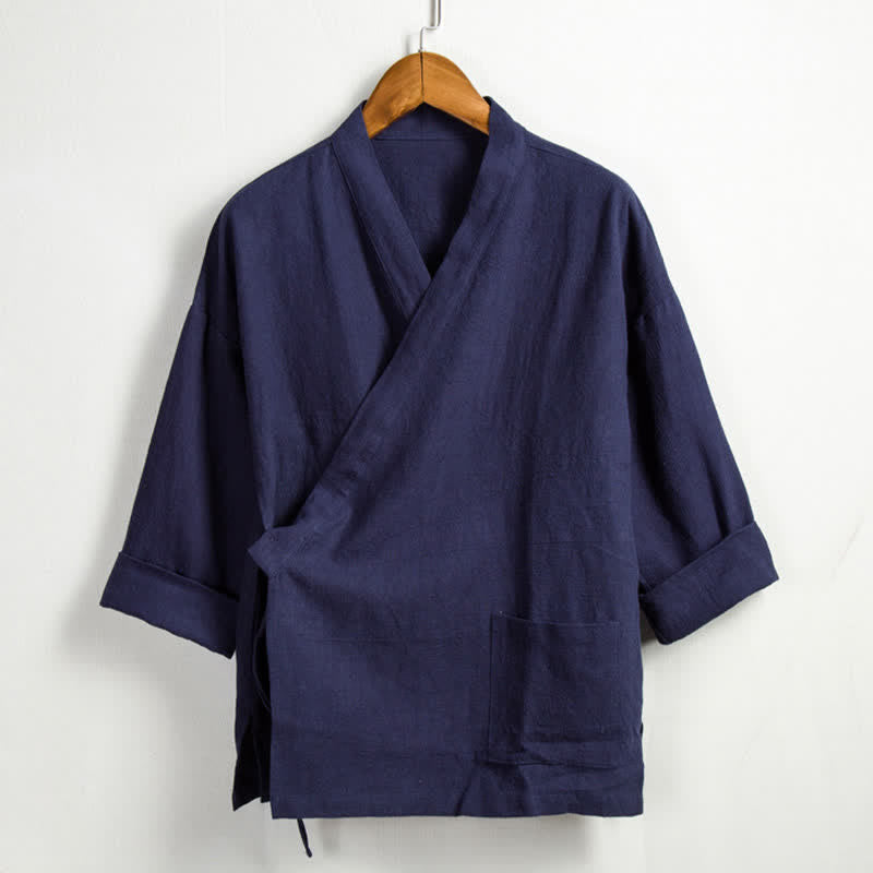 Buddha Stones Kimono da uomo in ramia tinta unita, stile Tang, con coulisse e tasca, per la primavera, casual. - Marina - US/UK/AU44, EU54 (4XL) - image 12
