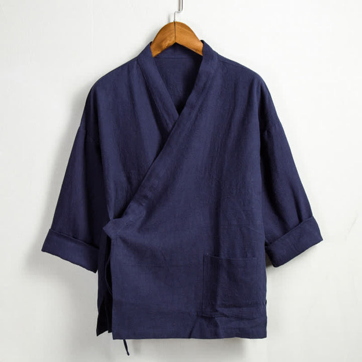 Buddha Stones Kimono da uomo in ramia tinta unita, stile Tang, con coulisse e tasca, per la primavera, casual. - Marina - US/UK/AU44, EU54 (4XL) - image 12