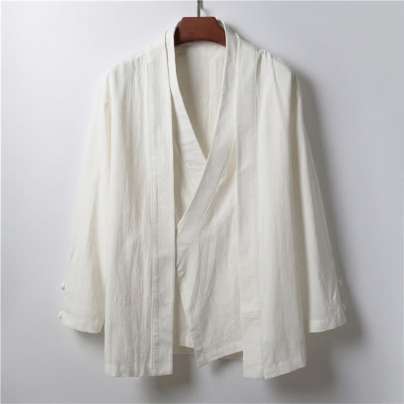 Buddha Stones Kimono da uomo primaverile, casual, minimalista, tinta unita, con revers in ramia. - Bianco - US/UK/AU44, EU54 (4XL) - image 12