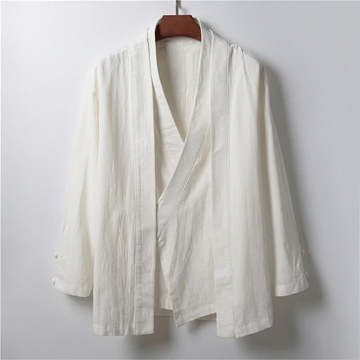 Buddha Stones Kimono da uomo primaverile, casual, minimalista, tinta unita, con revers in ramia. - Bianco - US/UK/AU44, EU54 (4XL) - image 12