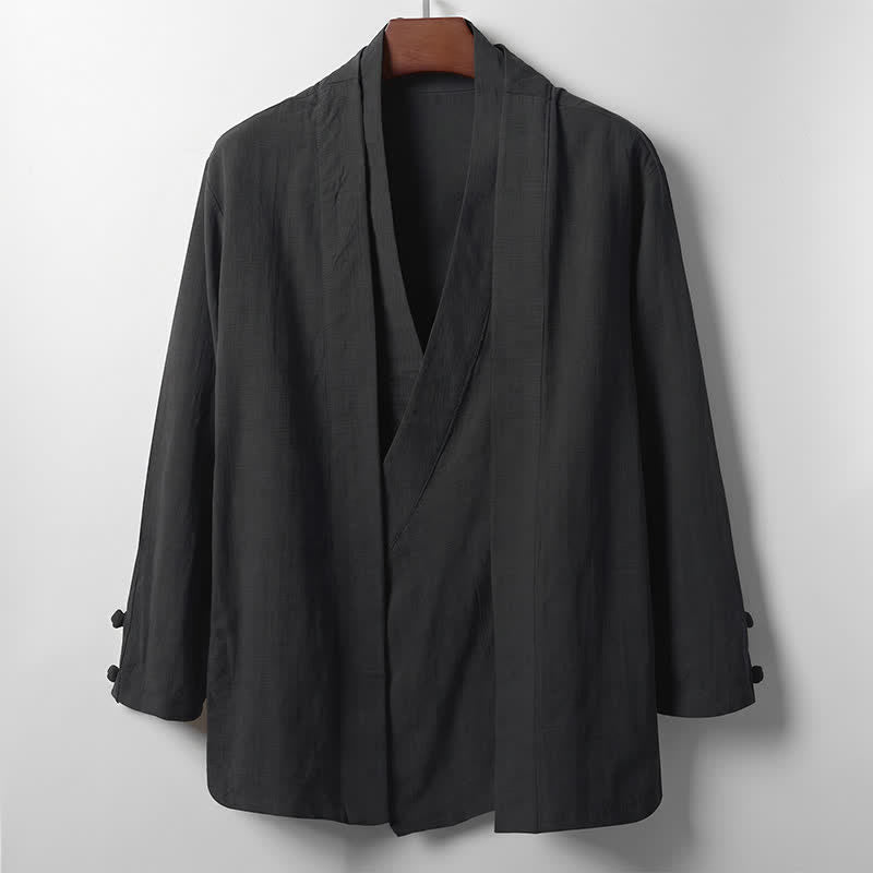 Buddha Stones Kimono da uomo primaverile, casual, minimalista, tinta unita, con revers in ramia. - Nero - US/UK/AU44, EU54 (4XL) - image 8
