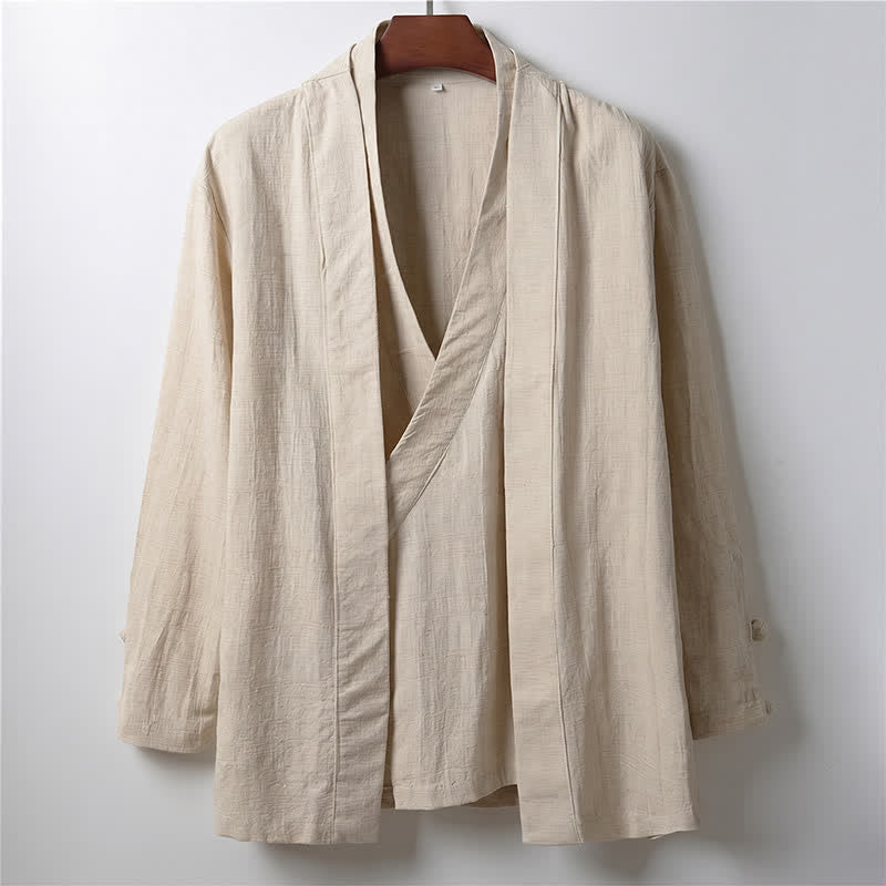 Buddha Stones Kimono da uomo primaverile, casual, minimalista, tinta unita, con revers in ramia. - Biancheria - US/UK/AU44, EU54 (4XL) - image 0
