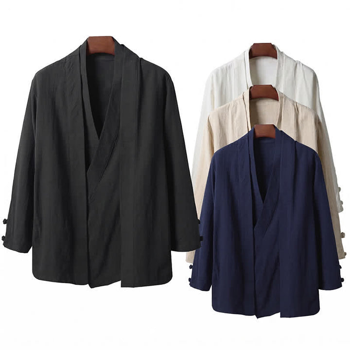 Buddha Stones Kimono da uomo primaverile, casual, minimalista, tinta unita, con revers in ramia. - image 14