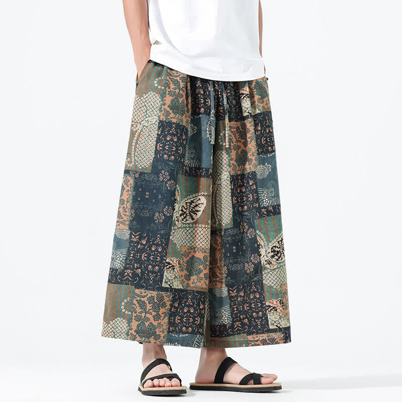 Buddha Stones Pantaloni corti da uomo a gamba larga con tasche, stile boho casual, con coulisse, motivo floreale e patchwork, per primavera/estate. - image 6
