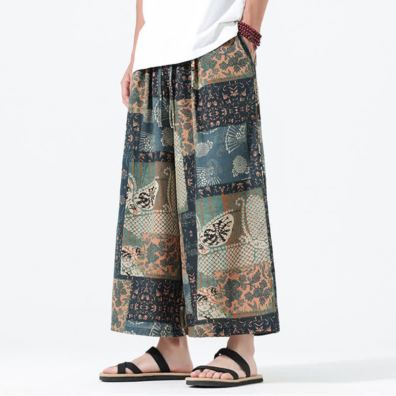 Buddha Stones Pantaloni corti da uomo a gamba larga con tasche, stile boho casual, con coulisse, motivo floreale e patchwork, per primavera/estate. - Legno robusto - US/UK/AU46, EU56 (5XL) - image 0